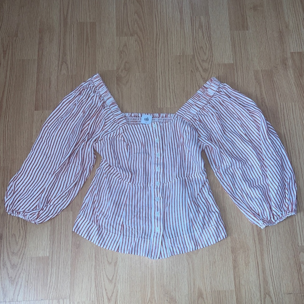 CAbi Red and White Striped Puff Long Sleeve Smocked Back Top / Blouse Size Small - Picture 2 of 8